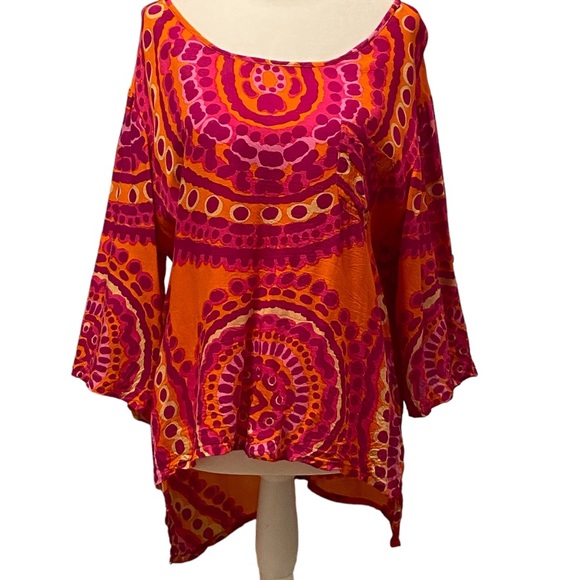 Larsen Gray BOHO MEDALLION PRINT TUNIC TOP Mandala ORANGE PINK YELLOW Medium EUC - Picture 2 of 9